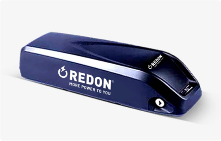 A sleek, dark blue battery pack labeled "REDON" with the slogan "More Power to You" is shown on a white background, conveying modernity and efficiency.