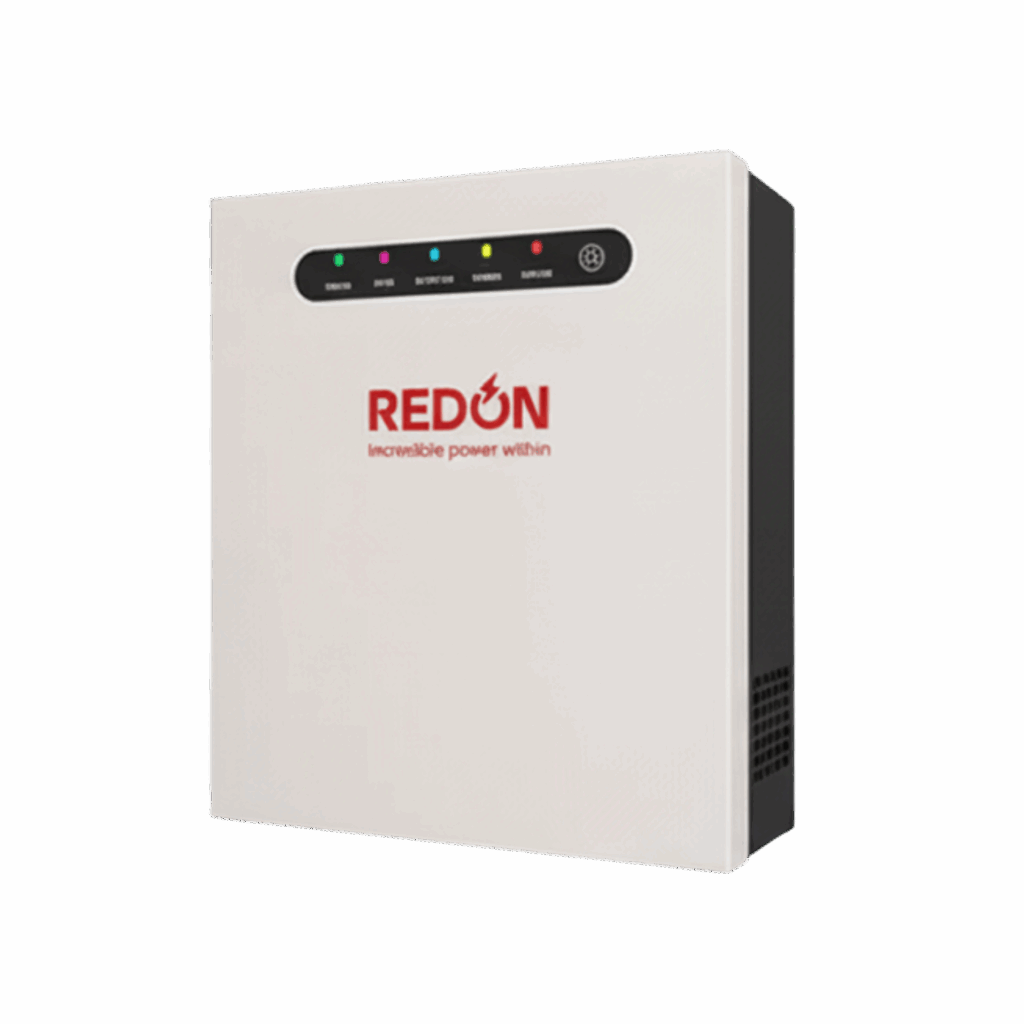 A rectangular, white lithium battery inverter with five indicator lights and logo reading "REDON incredible power within" on a checkered background, suggesting transparency.