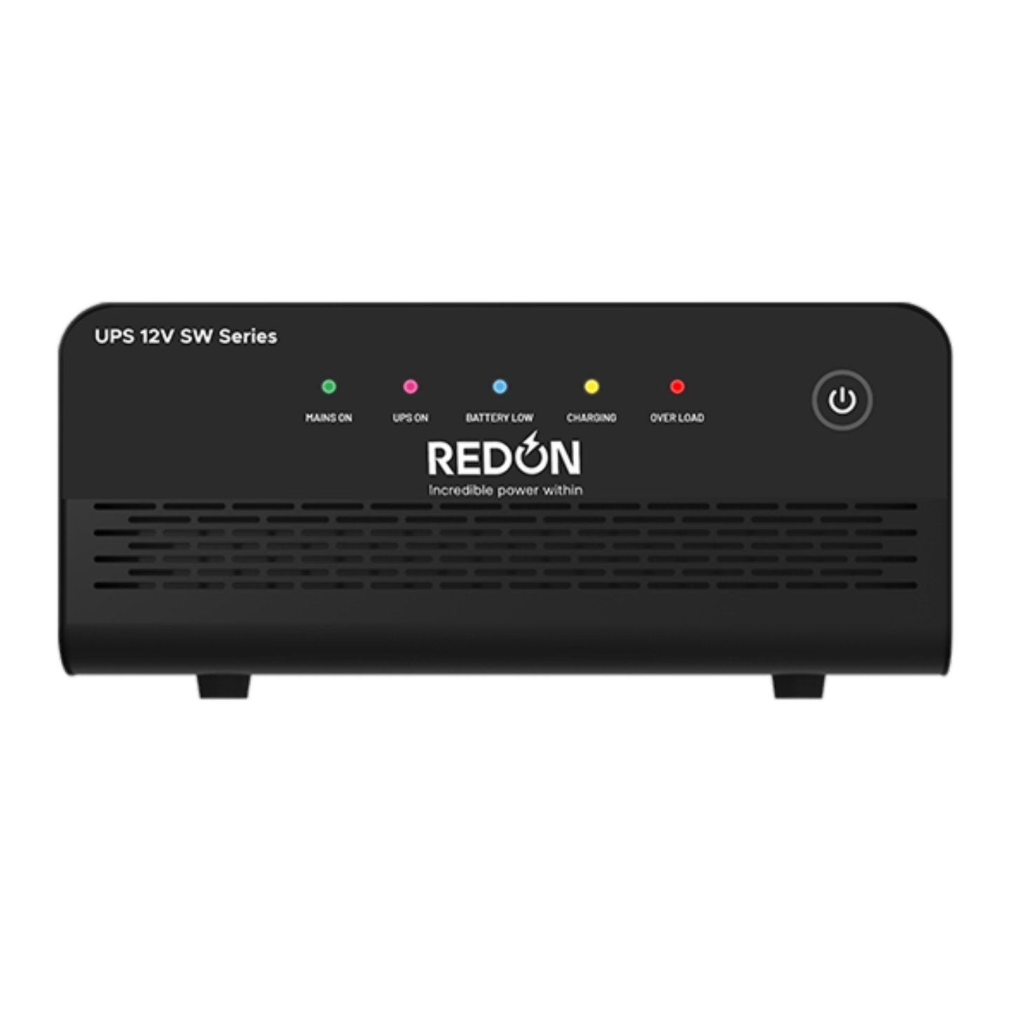 Front view of a black lithium battery with five LED indicators labeled: 'Mains On,' 'UPS On,' 'Battery Low,' 'Charging,' and 'Overload.' The power button is on the right. Brand name 'REDON' is displayed centrally