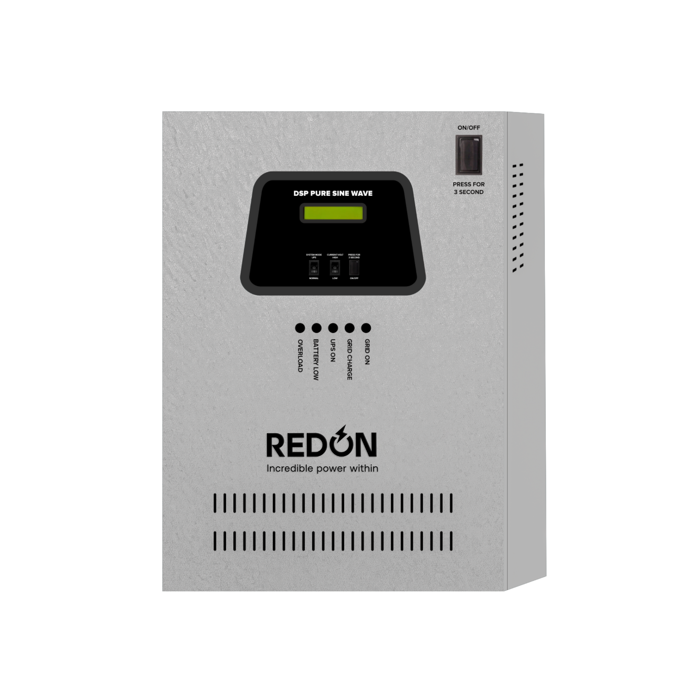 A REDON solar pcu pure sine wave inverter with a digital display and buttons, promoting "Incredible power within."