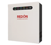 A rectangular, white lithium battery inverter with five indicator lights and logo reading "REDON incredible power within" on a checkered background, suggesting transparency.