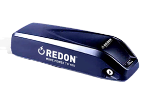 A sleek, navy blue two wheeler lithium battery with the logo "REDON" and the tagline "MORE POWER TO YOU" on its side.