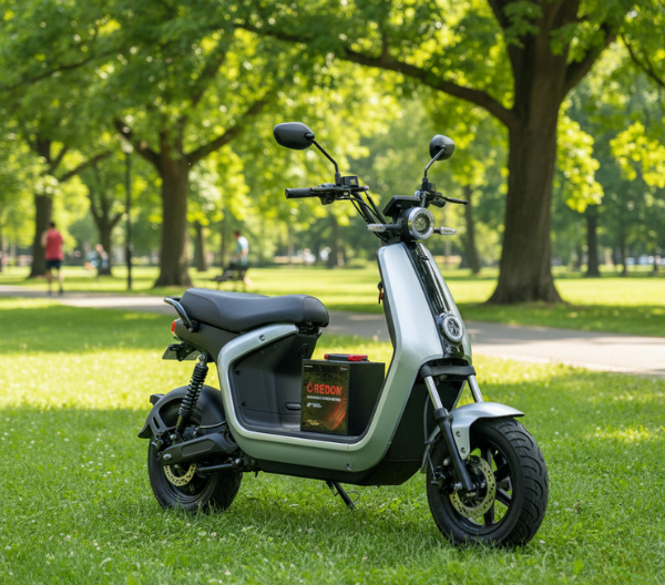 A sleek, silver electric scooter parked on green grass in a park, with a LITHIUM battery for two wheeler marked "REDON" beside it.