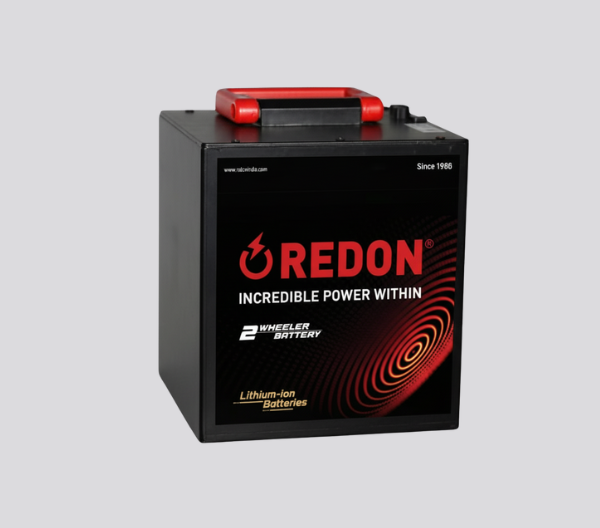 Redon lithium-ion battery for two-wheelers, featuring a robust black casing and a prominent red handle on top.