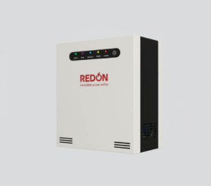 White power home inverter with REDON logo, featuring indicator lights on top and ventilation grilles, promoting reliable energy solutions.