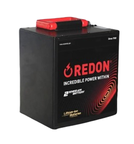 Black lithium-ion battery labeled "REDON" with red top, featuring power graphics and info about a 2-wheeler battery.