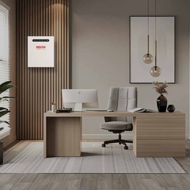 Modern office space featuring a sleek wooden desk, ergonomic chair, and a wall-mounted REDON inverter battery on a stylish backdrop.