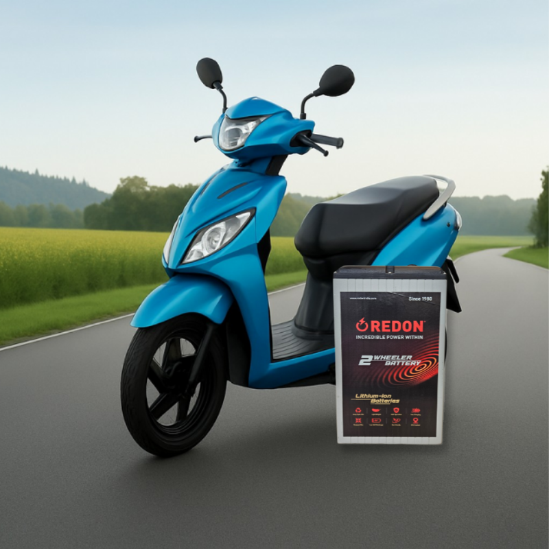 A bright blue scooter parked on a scenic road, with a REDON 2-wheeler battery prominently displayed in front.