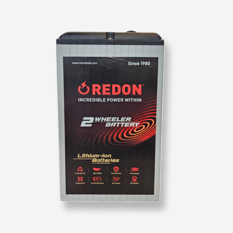 Redon lithium-ion battery for two-wheelers, featuring a sleek design and key performance highlights, established since 1980.