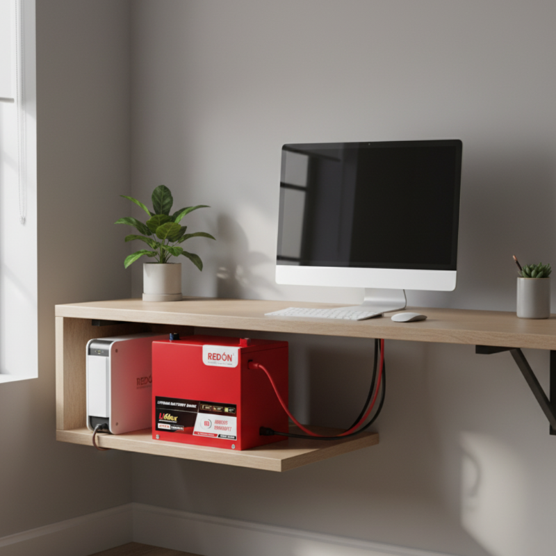 A modern desk setup featuring a computer monitor, keyboard, and a red lithium battery pack labeled "REDÓN" underneath with plants on the surface.