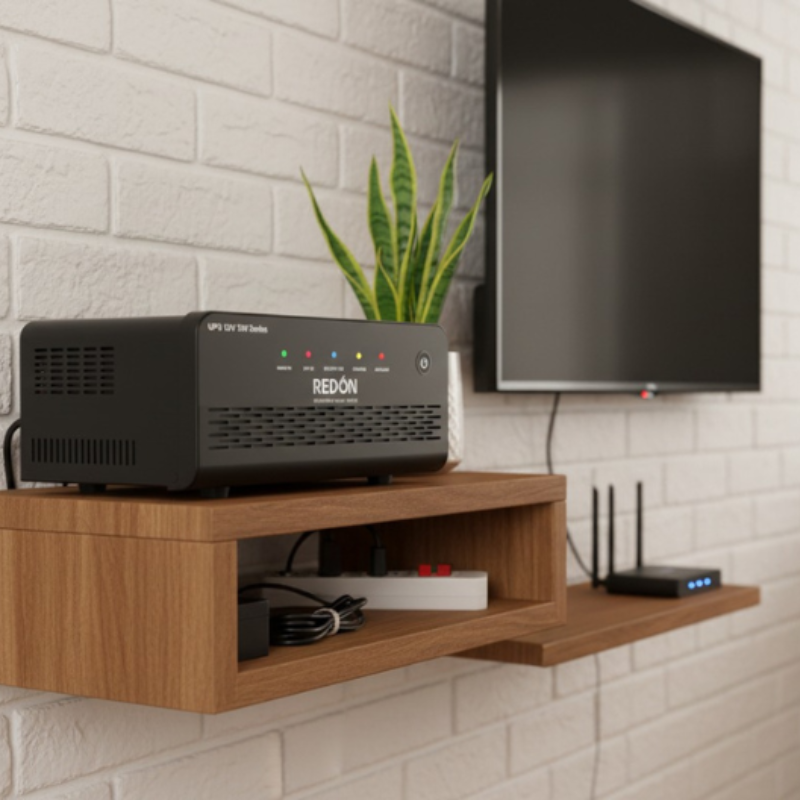 A black UPS device on a wooden shelf beneath a wall-mounted TV, with green plants and electronic cables nearby.