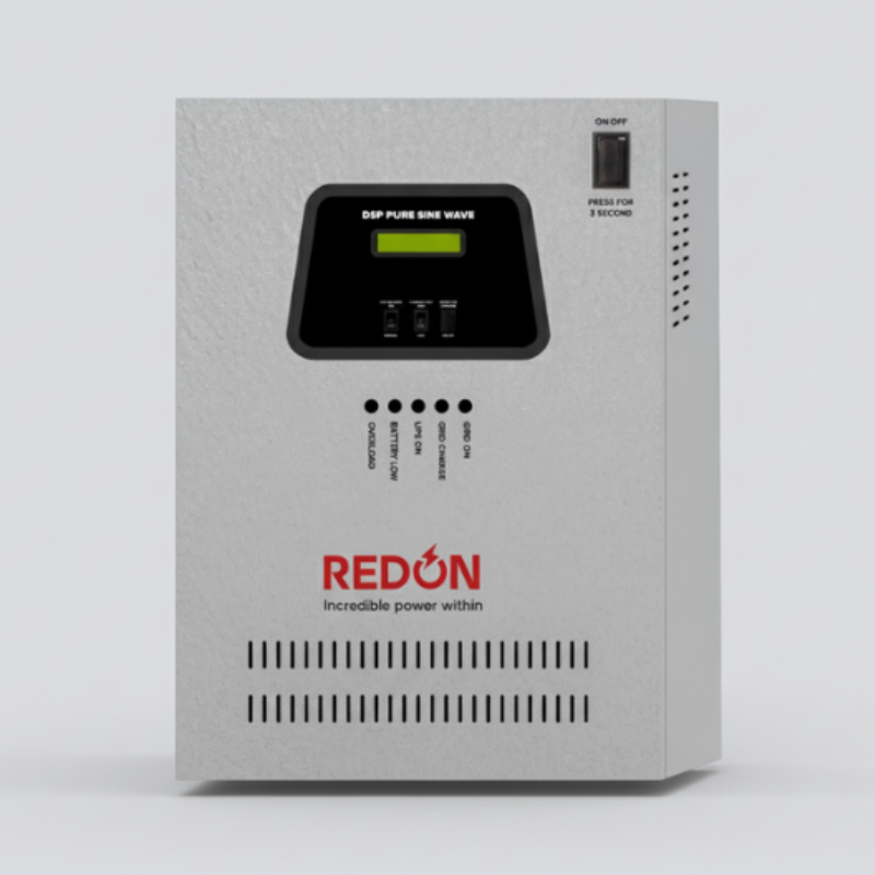 A REDON solar pcu pure sine wave inverter with a digital display and buttons, promoting "Incredible power within."