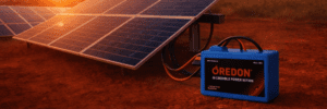 A blue battery labeled "REDON" is positioned next to solar panels under a sunset, emphasizing renewable energy innovation.
