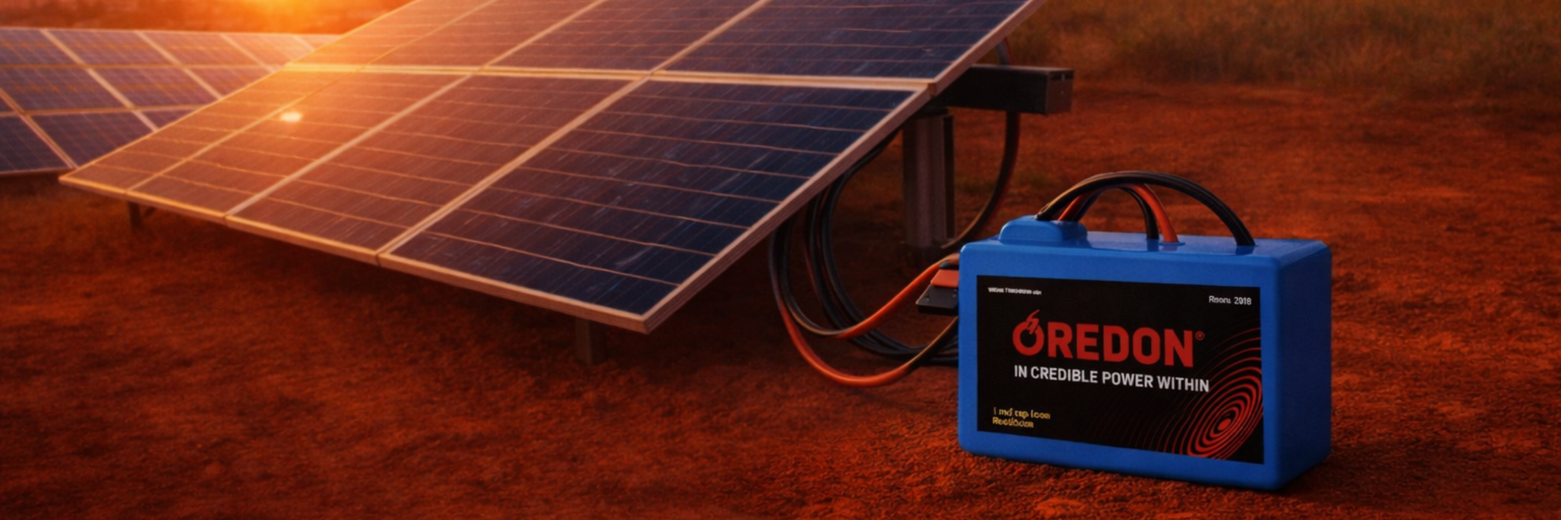 A blue battery labeled "REDON" is positioned next to solar panels under a sunset, emphasizing renewable energy innovation.