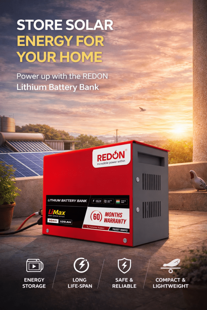 Redon Lithium Battery Bank on a rooftop, promoting solar energy storage with a 60-month warranty, compact and reliable design.