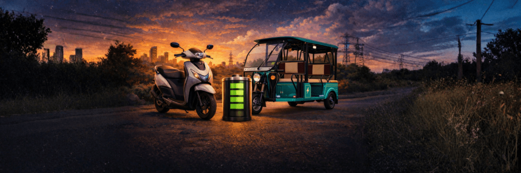 An electric scooter and an e-rickshaw are parked near a glowing green battery on a road at sunset, with a city skyline in the background.