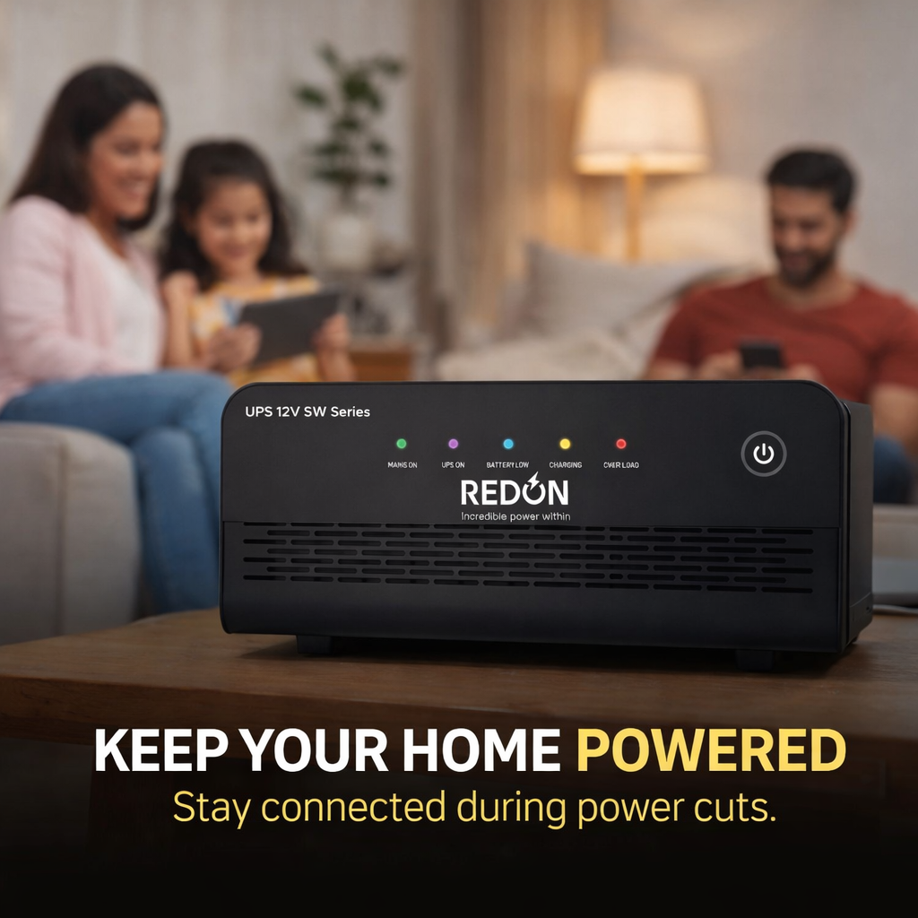 A UPS device sits on a table with a family in the background using electronics in a cozy, well-lit living room. Text reads, "Keep your home powered."