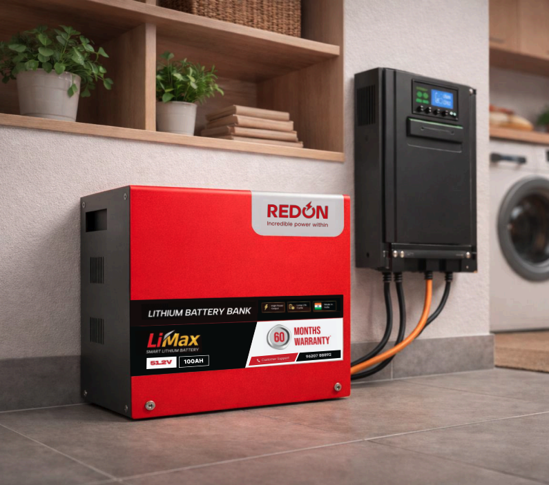 A red lithium battery bank with a 60-month warranty, connected to a black inverter, set in a modern home interior.