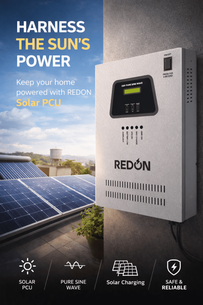 A sleek REDON Solar Power Control Unit (PCU) mounted on a wall, with solar panels in the background, promoting solar energy usage.