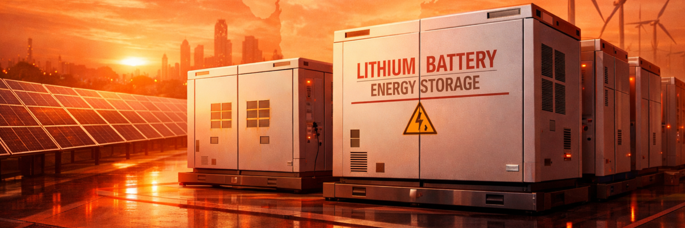 Lithium battery energy storage units lined up beside solar panels at sunset, with city skyline in the background.
