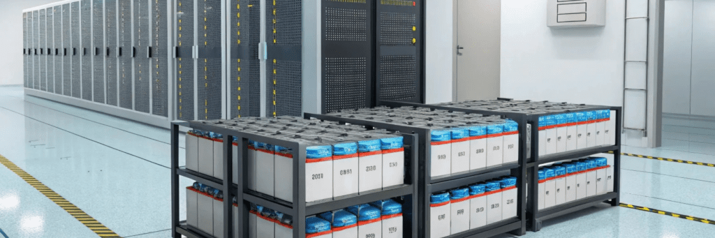 A data center corridor featuring stacked battery packs on racks next to server cabinets, with a clean, organized environment.