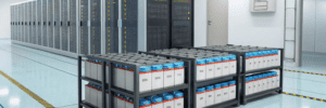 A data center corridor featuring stacked battery packs on racks next to server cabinets, with a clean, organized environment.