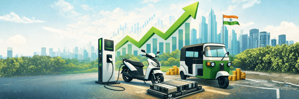 Electric scooter and auto-rickshaw at a charging station, with a green growth arrow and an Indian flag against a city skyline.