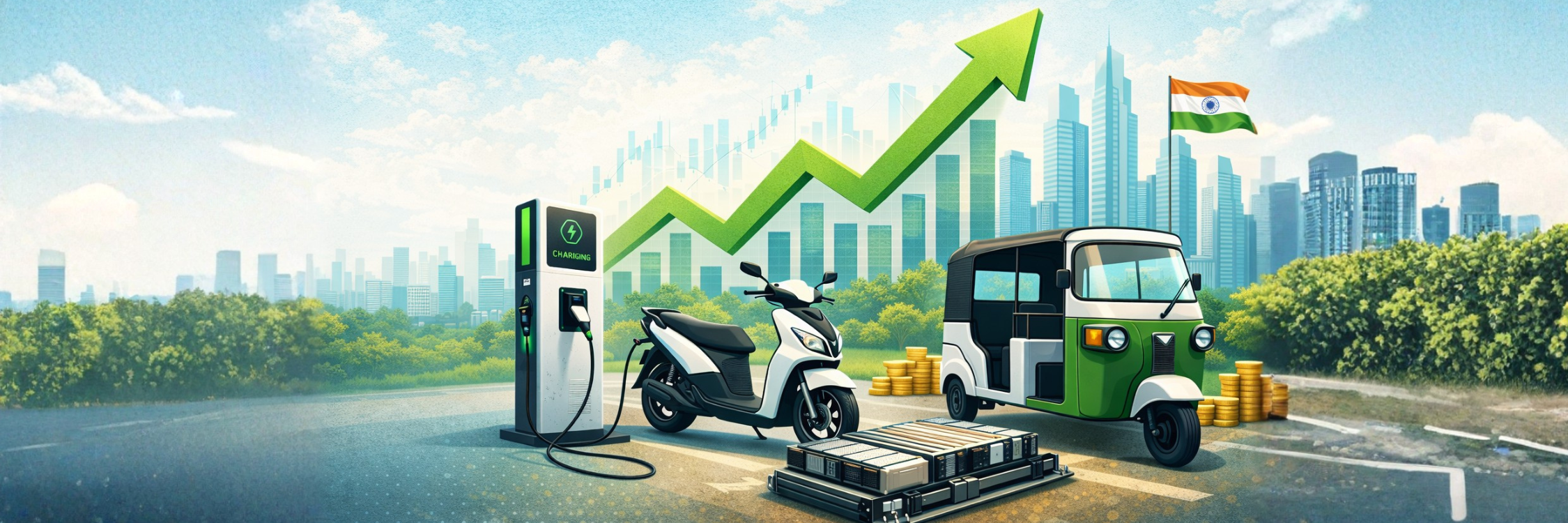 Electric scooter and auto-rickshaw at a charging station, with a green growth arrow and an Indian flag against a city skyline.