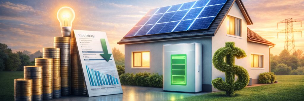 A modern home features solar panels, a battery, and a light bulb, alongside a graph showing decreasing electricity costs and money stacks.