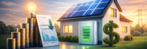 A modern home features solar panels, a battery, and a light bulb, alongside a graph showing decreasing electricity costs and money stacks.