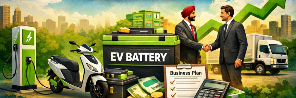 A business deal is made over EV batteries, with an electric scooter and charging station, symbolizing renewable energy progress.