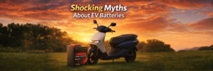 A sleek electric scooter beside a battery, set against a sunset background, with the text "Shocking Myths About EV Batteries."