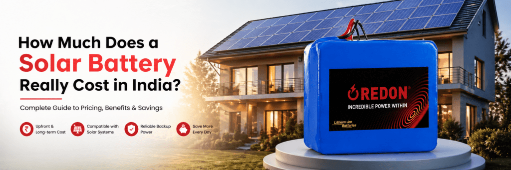 Modern house with rooftop solar panels in the background and a prominent blue Oredon solar battery in the foreground. Text highlights solar battery costs and benefits in India.