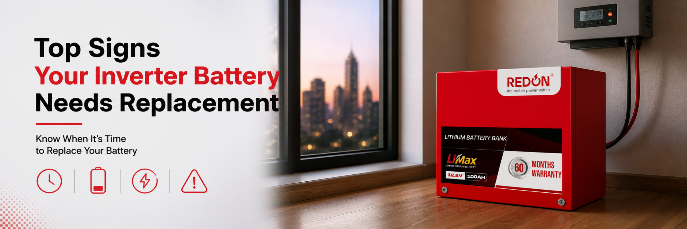 Advertisement showcasing a red inverter battery near a window with a cityscape view. Text highlights signs for battery replacement, featuring icons of a clock, phone, lightning, and warning symbol.