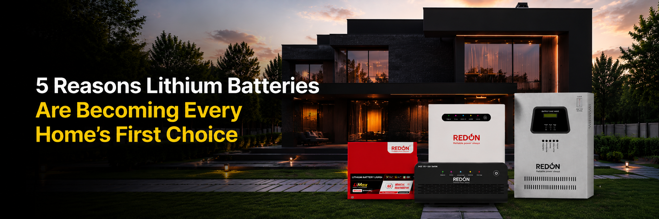 Modern home at dusk with warm lights; lithium battery products in foreground. Text: "5 Reasons Lithium Batteries Are Becoming Every Home’s First Choice."