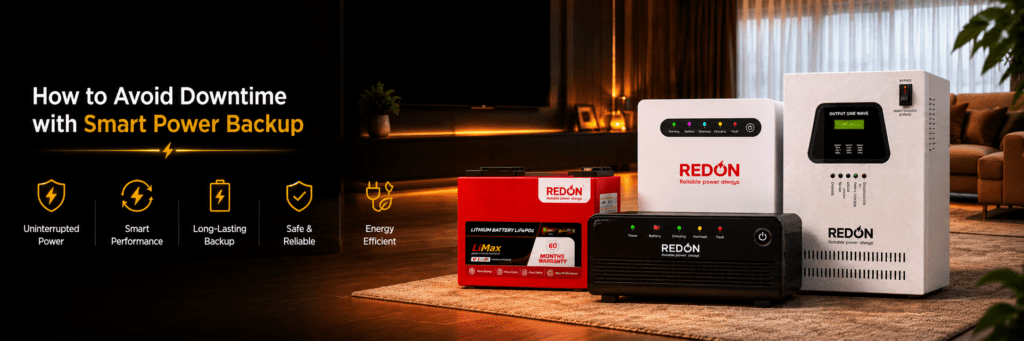 A cozy living room setting showcases Redon power backup products on a table, emphasizing features like uninterrupted power and energy efficiency.