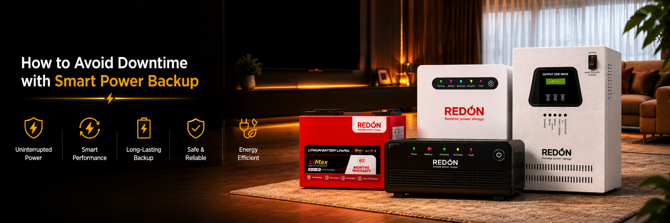 A cozy living room setting showcases Redon power backup products on a table, emphasizing features like uninterrupted power and energy efficiency.