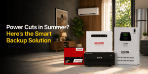 Modern living room with a large window, air conditioner, and backup power systems on the floor. Text reads, "Power Cuts in Summer? Here's the Smart Backup Solution."