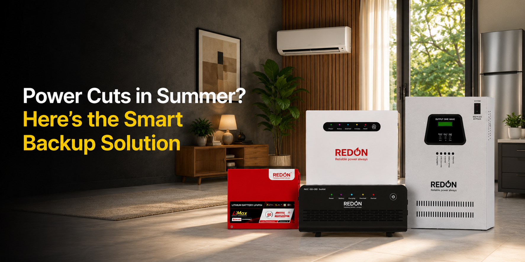 Modern living room with a large window, air conditioner, and backup power systems on the floor. Text reads, "Power Cuts in Summer? Here's the Smart Backup Solution."