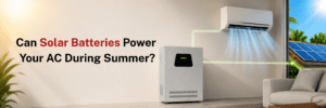 Indoor air conditioner powered by solar batteries connected to solar panels outside on a sunny summer day.