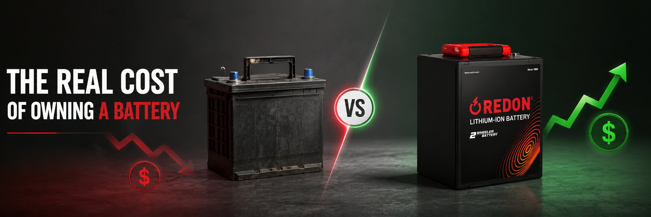 Comparison of the real cost of owning a traditional vs. REDON lithium-ion 2-wheeler battery, showing cost decrease vs. increase.