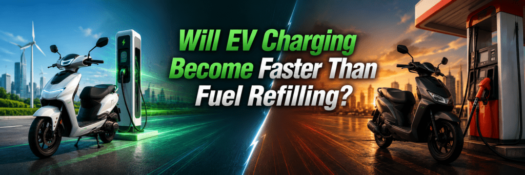 Electric scooter charging at a fast EV station versus a scooter refueling at a gas pump, questioning which is faster.