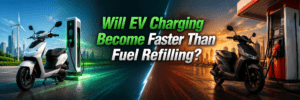 Electric scooter charging at a fast EV station versus a scooter refueling at a gas pump, questioning which is faster.