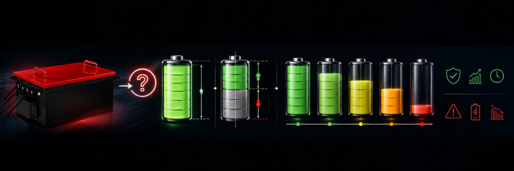Illustration of a battery and charge level graphics representing battery depth of discharge and remaining capacity.